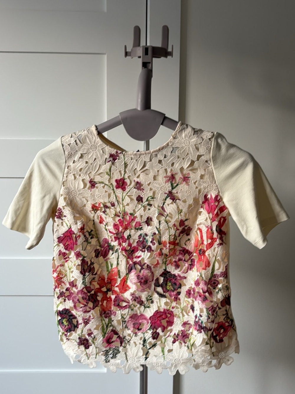 Sunday in Brooklyn Cream Lace Top with Pink Floral Embroidery